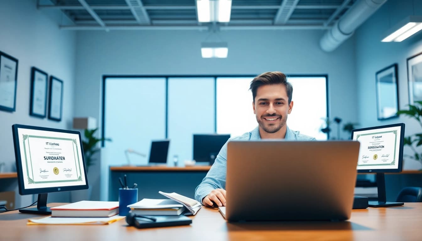 Candidate achieving IT certifications without studying in a professional office setting.