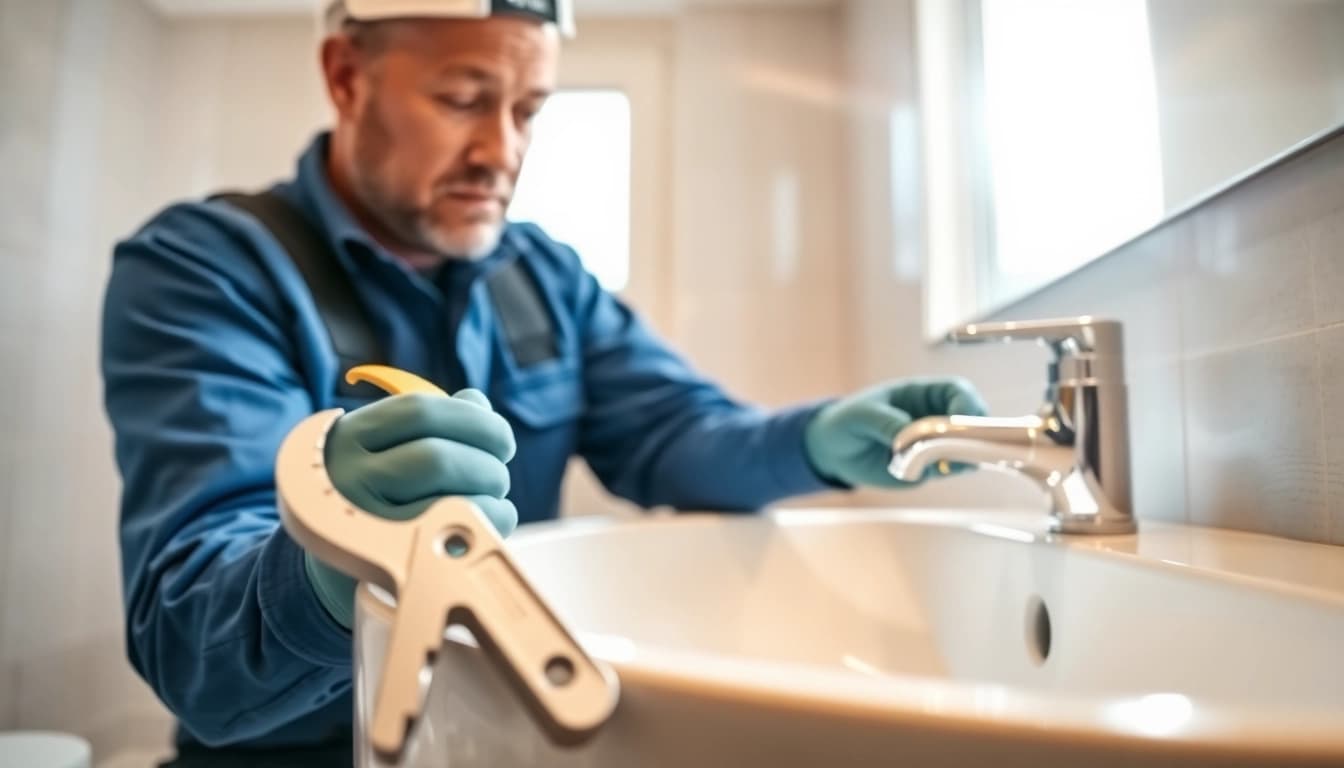 Plumber near me diligently repairing residential plumbing, showcasing expertise and tools in a bright bathroom.