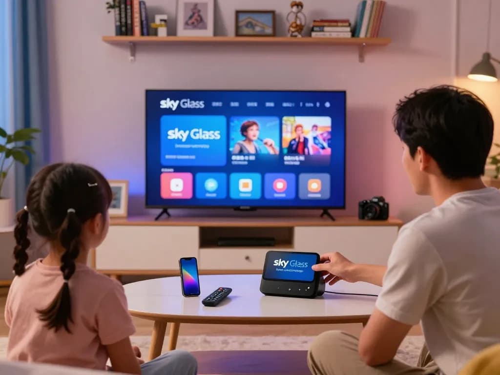 Sky Glass IPTV installation Guide setup in a modern living room with family enjoying streaming.