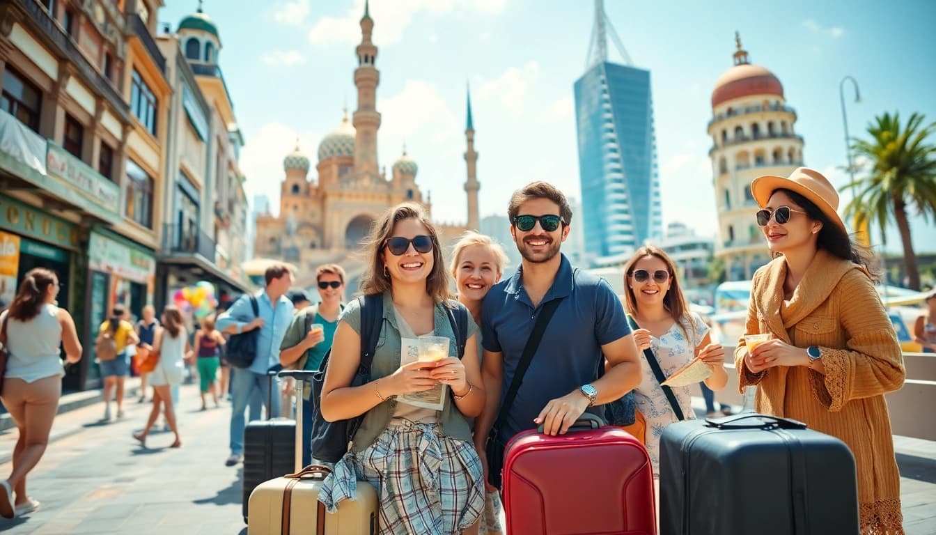 Travelers enjoying round the world holidays amidst famous landmarks and cultures.