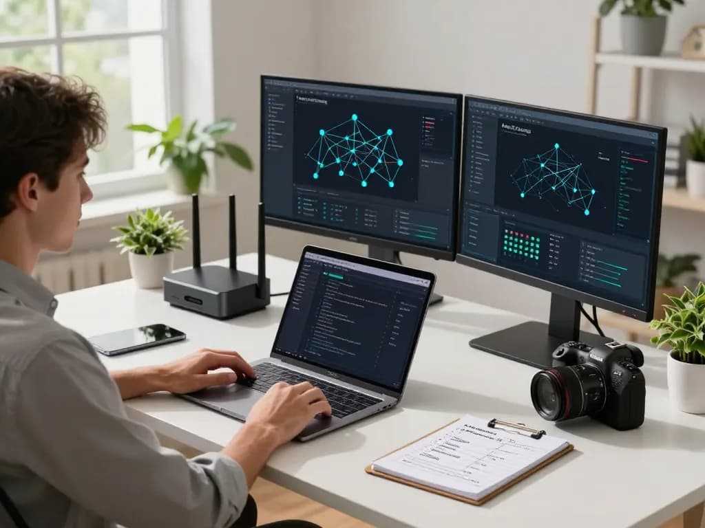 快连 tech workspace with developer analyzing AI routing software and real-time network data analytics.