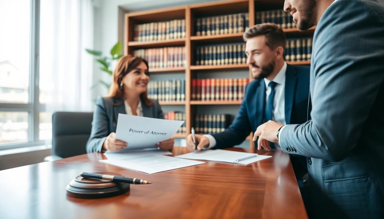 Client reviewing Power of Attorney documents with a lawyer in a professional office.