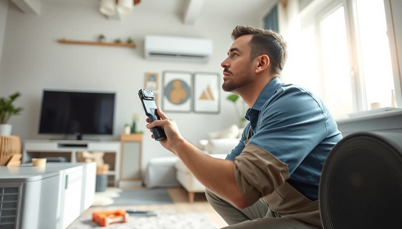 Technician conducting Air Conditioning Repair Tampa in a well-lit living room setting.