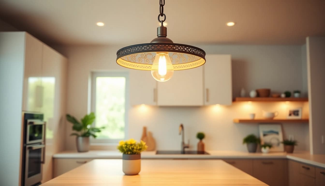 Stylish island light fixture brightening a modern kitchen, enhancing the inviting atmosphere.