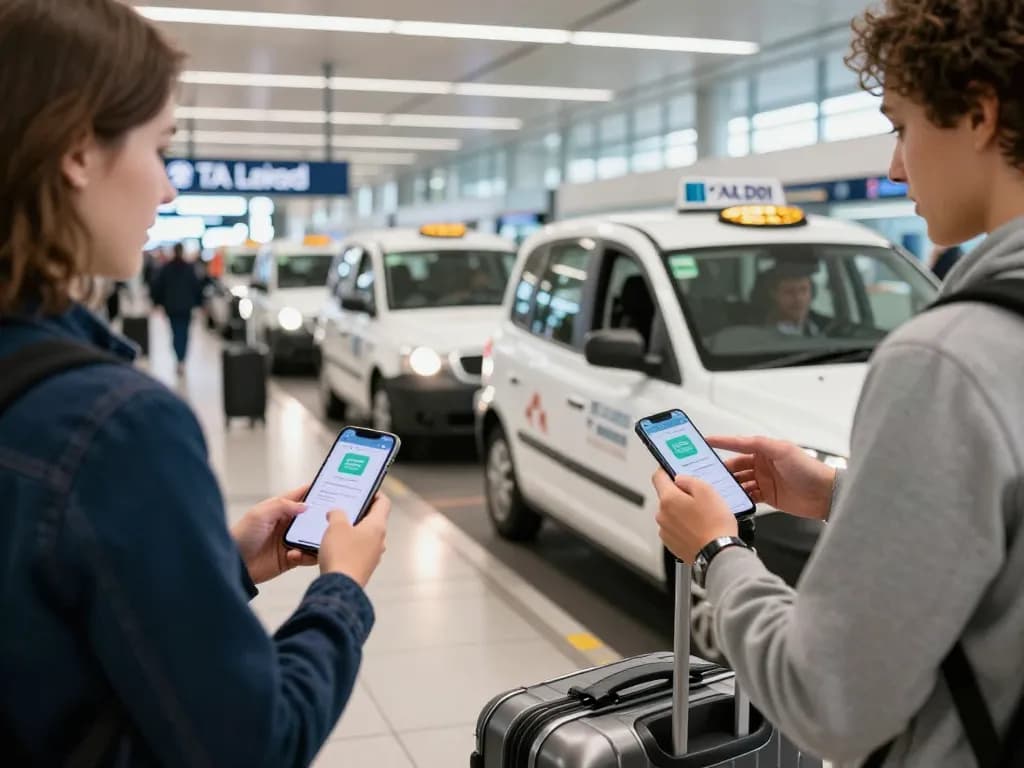 Convenient airport taxis Leeds at the terminal with traveler checking app.