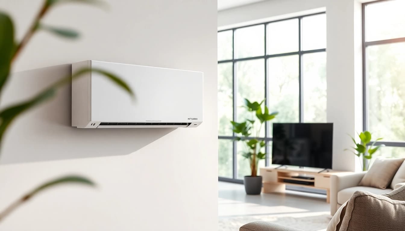 Install a Mitsubishi mini split AC in a modern living room setting with stylish decor and natural light.