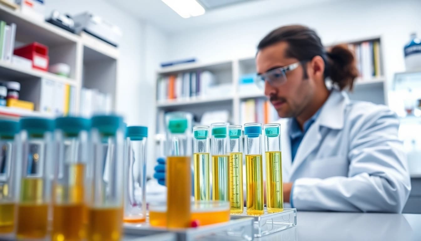 NAD+ research in a clean laboratory setting showcasing a scientist with test tubes.
