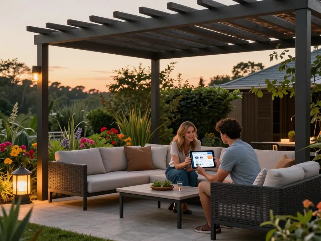 Couple using pergola configurator software outdoors to design a custom pergola surrounded by vibrant greenery.
