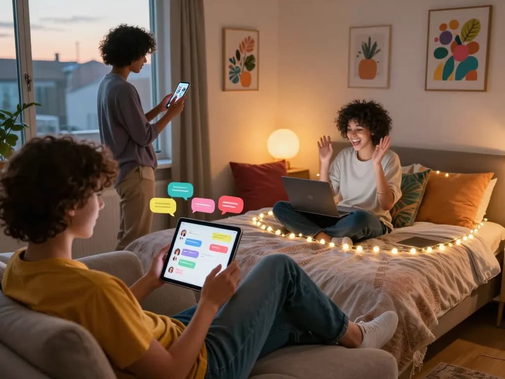 Engaging sexchat scene featuring diverse people using devices in cozy settings.