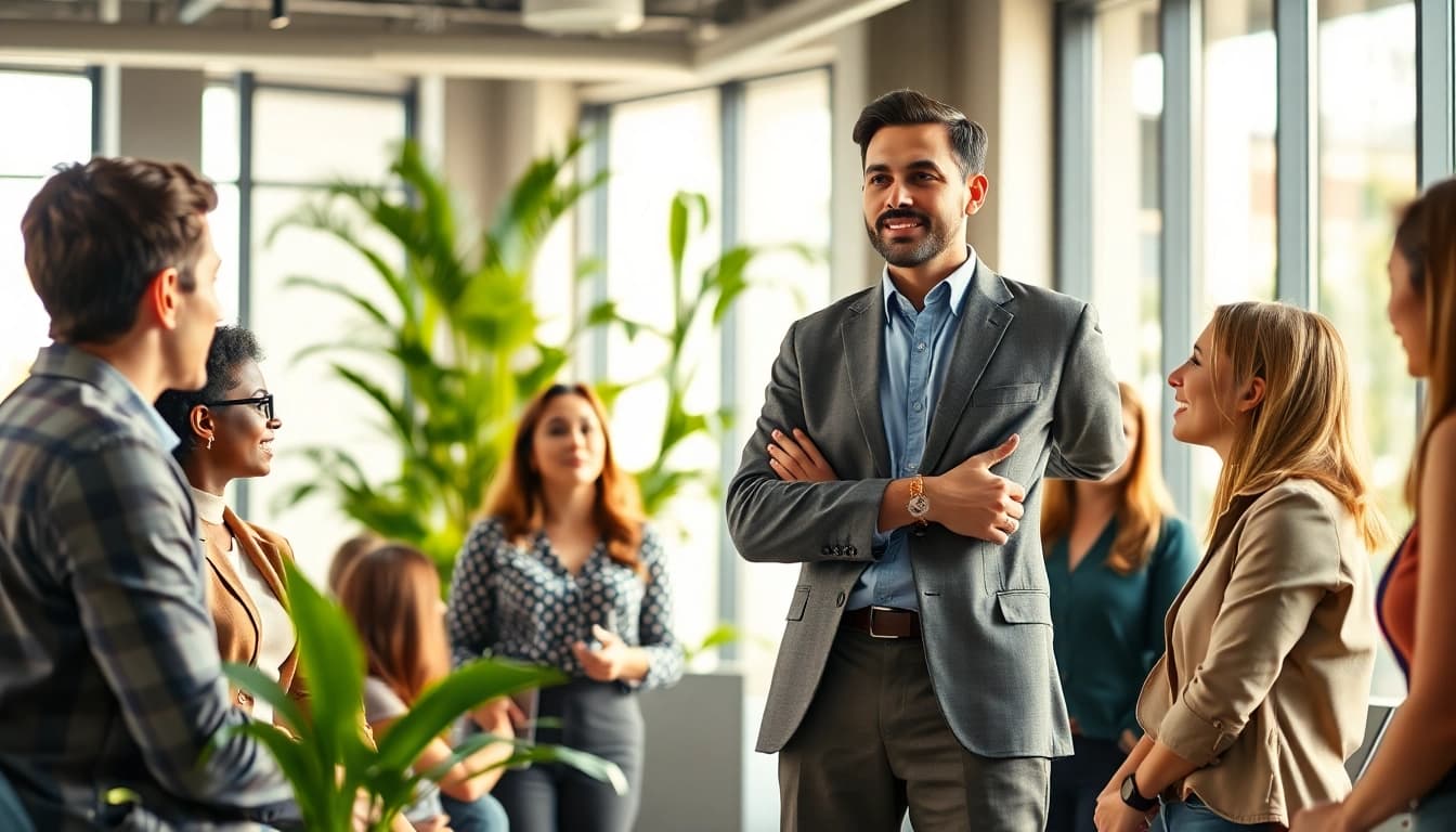 How to find my perfect career advice session with a coach guiding a diverse group in an office.