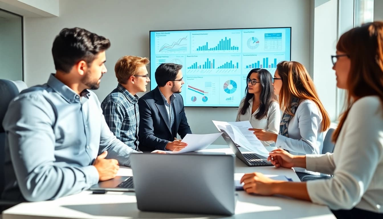 Team collaborating on Strategy Capture Management with data visuals in a modern office setting.