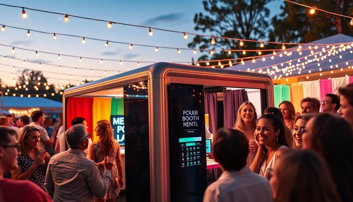 Capture the joy of a photo booth rental at a lively outdoor event with guests enjoying fun props.