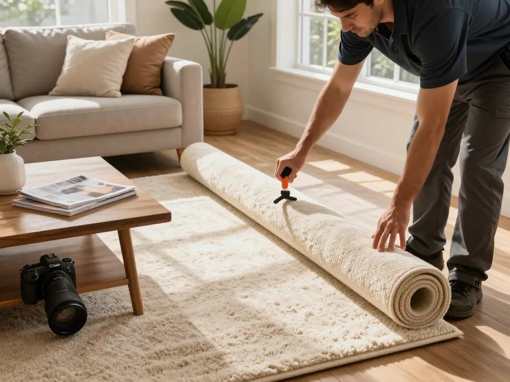 Professional installing home carpet fitting services in a cozy living room.