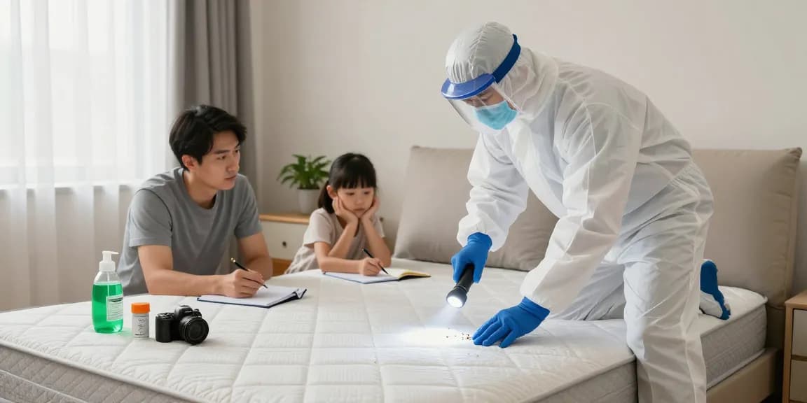 Home bedroom scene showcasing bed bug pest control treatment with professional exterminator inspecting for bed bugs while family looks on.