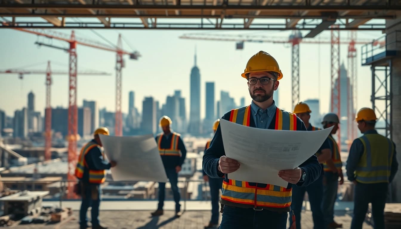 New York City General Contractor overseeing construction with skyline backdrop.