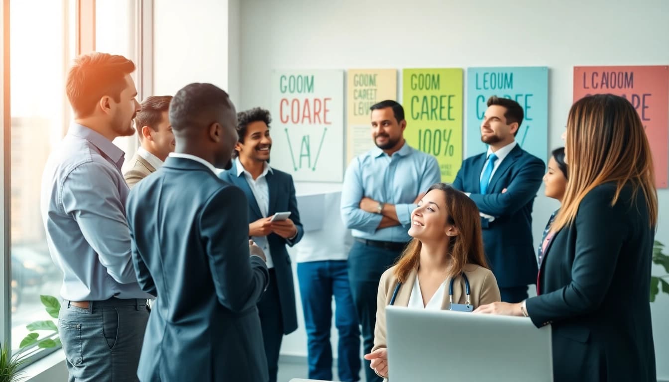 Engaged professionals discussing their Ideal career options in a vibrant office environment.