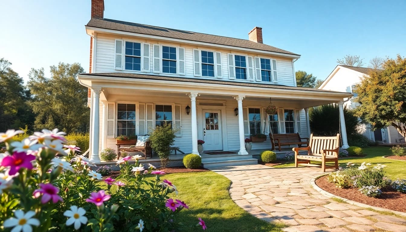 Colonial home renovation in a serene countryside setting showcasing charm and elegance.
