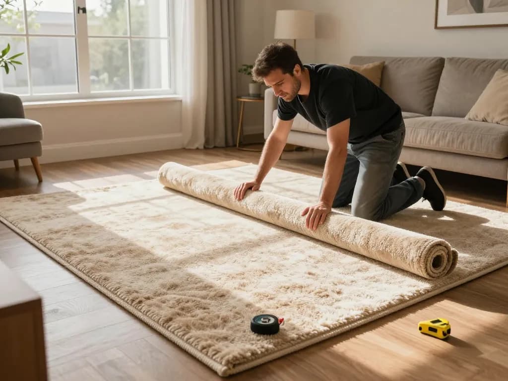 Professional installing home carpet fitting services in a cozy living room.