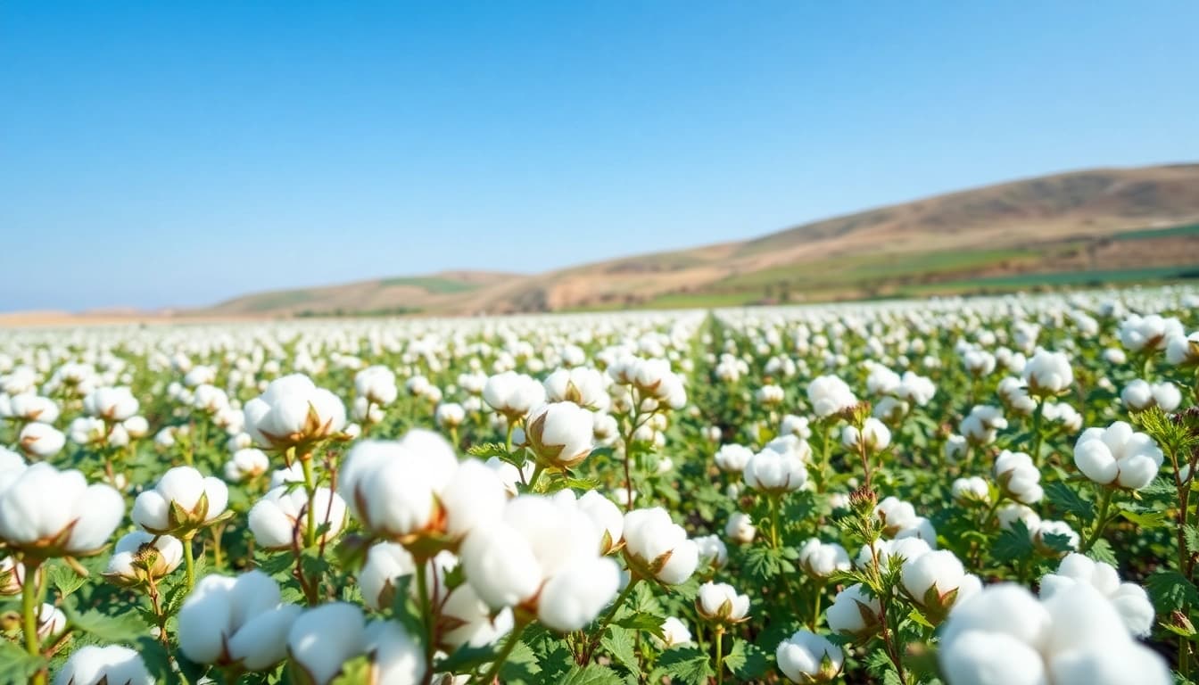 Bekijk katoenplanten in volle bloei in een serene landschap met blauwe lucht.