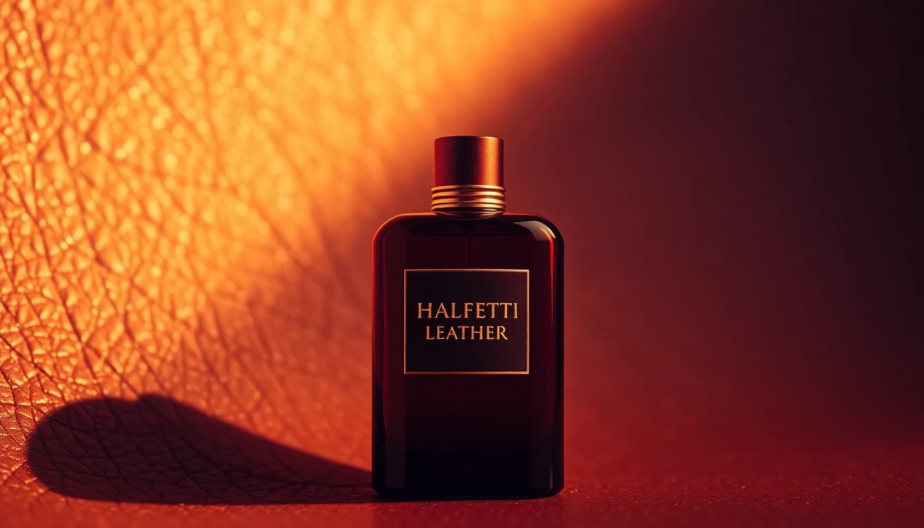 Showcasing Halfeti Leather fragrance bottle exuding elegance amid a rich leather backdrop.