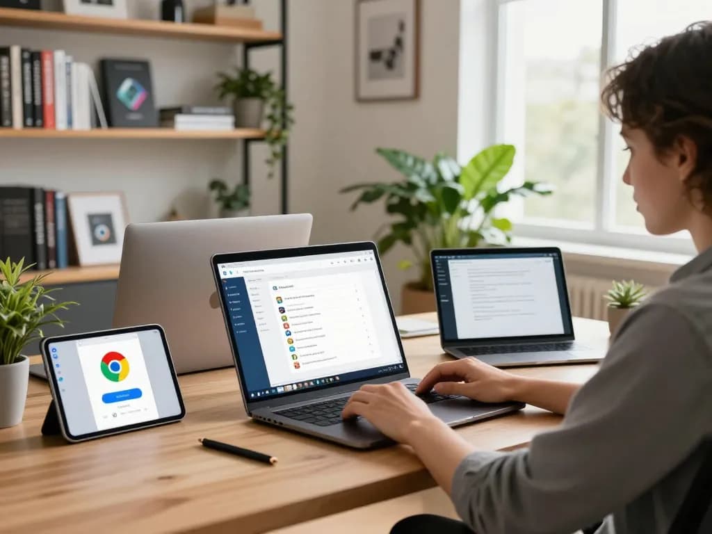 Experience seamless browsing with 谷歌浏览器 across multiple devices in a modern workspace.