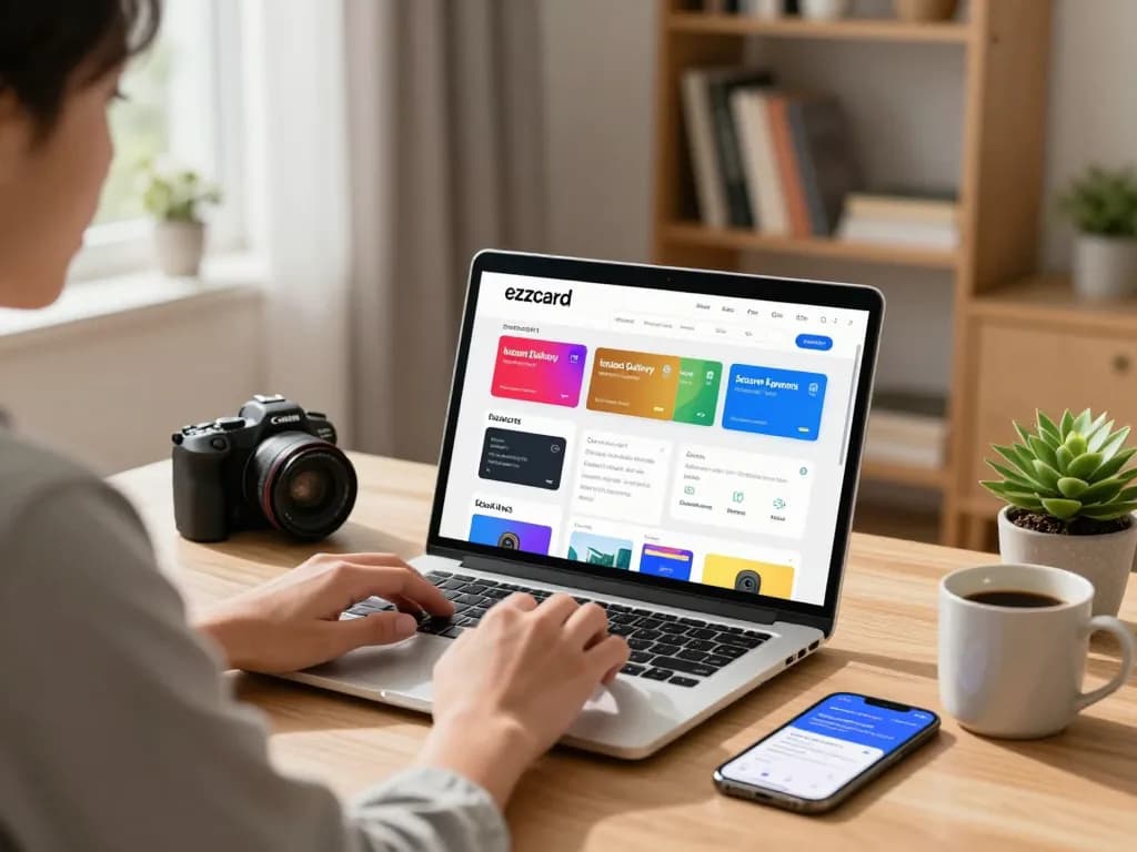 Buy ezzocard while shopping from home on a laptop in a cozy living room.