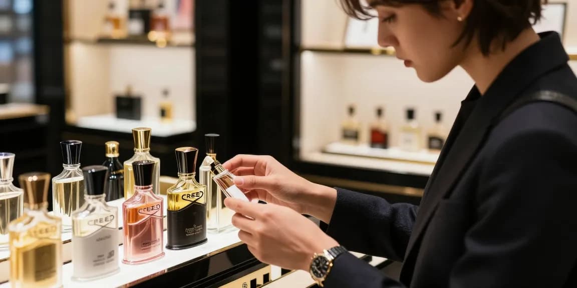 Elegant fragrance shopping experience featuring Creed (Aventus only) in a luxurious boutique.