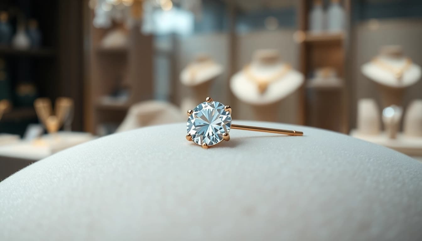 A diamond nose pin shining elegantly on a soft velvet cushion, highlighting its brilliance and style.