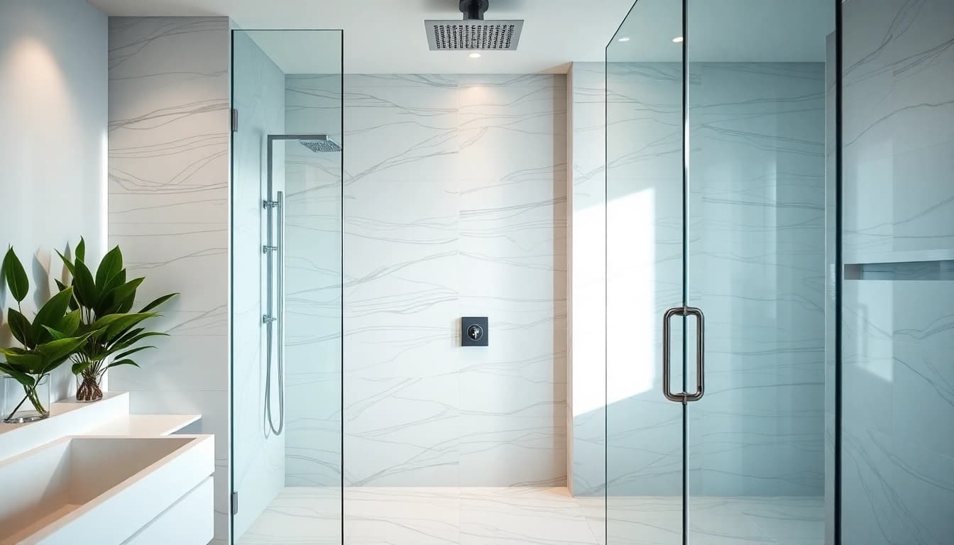 Experience elegant showers in a modern bathroom with sleek designs and serene lighting.