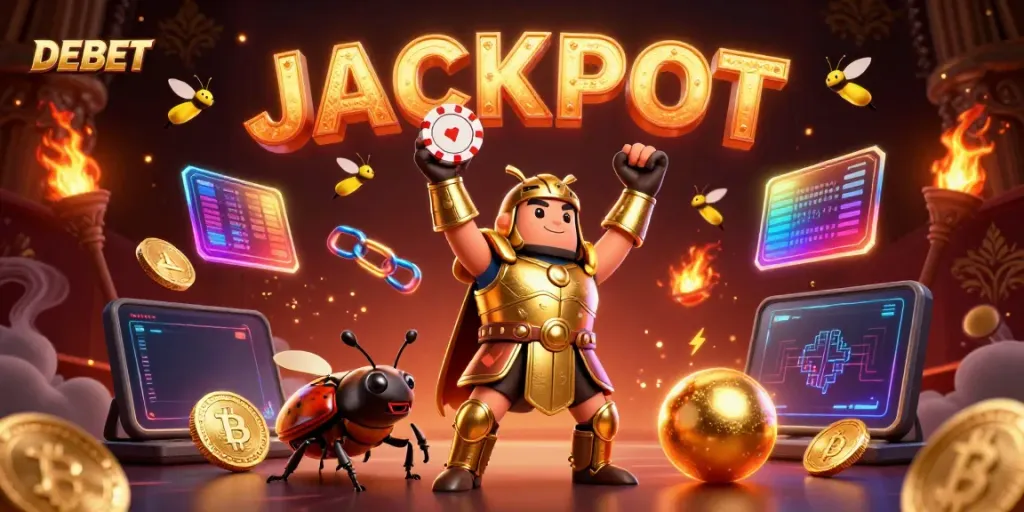 Experience the excitement of DEBET with a victorious beetle mascot and vibrant casino elements.