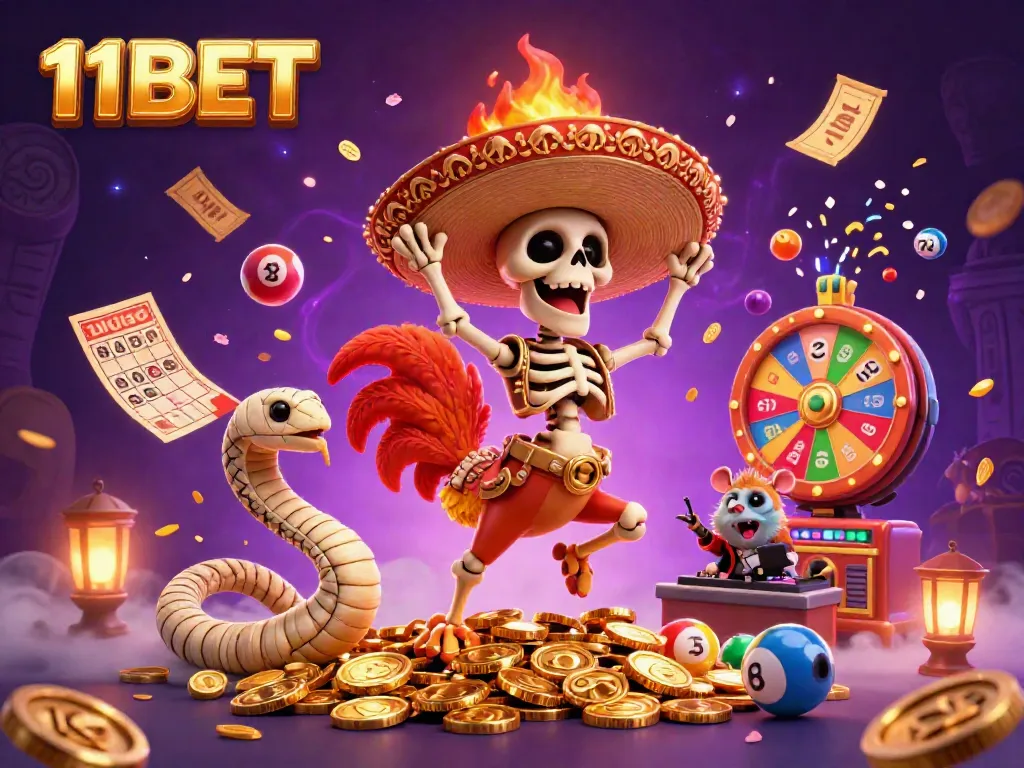 Experience thrilling wins at 11BET with vibrant characters celebrating on golden coins amidst a gaming frenzy.