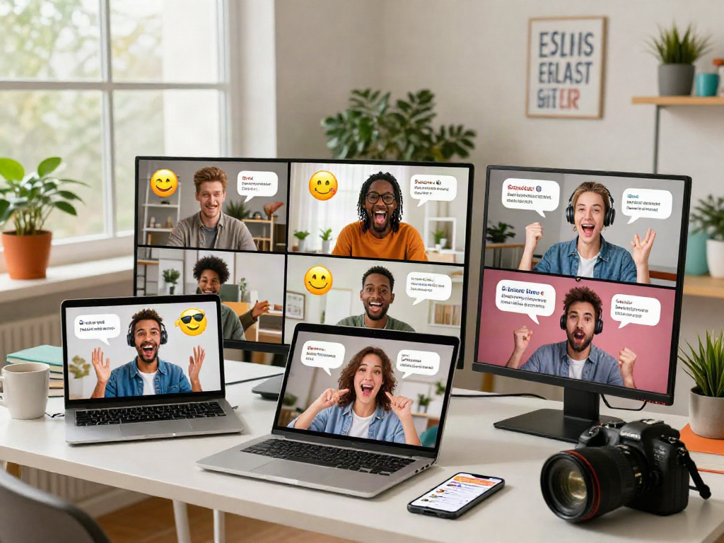 Interactive spicychat scene showing diverse people engaging in lively online discussions in a modern home office.