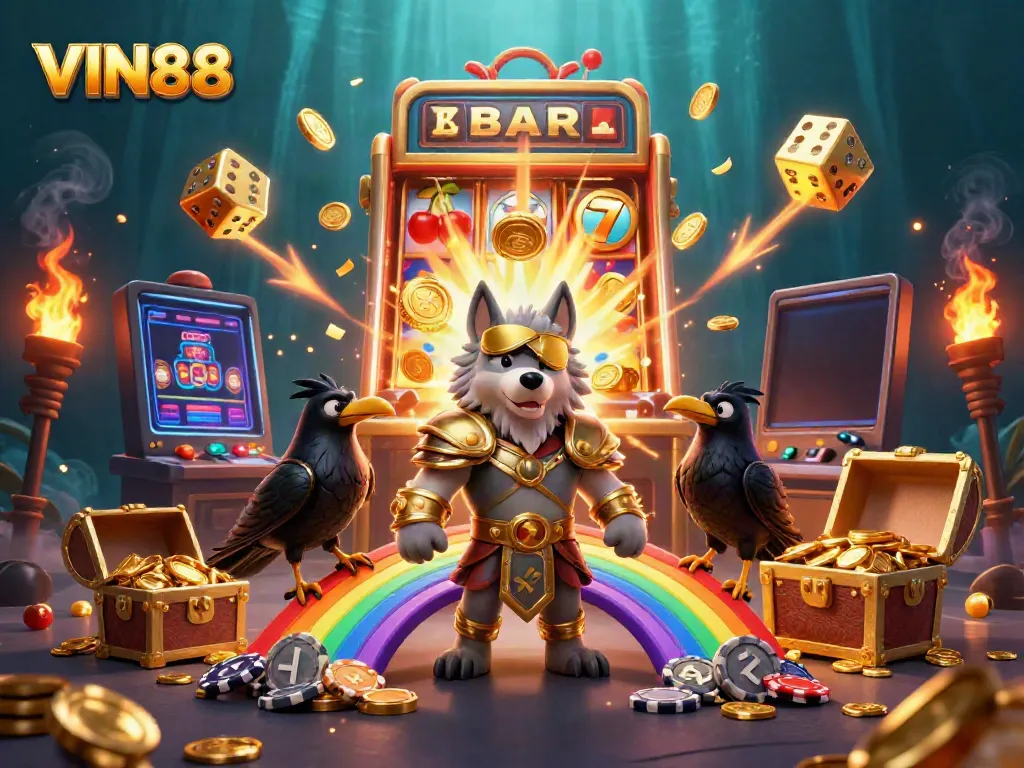 VIN88 showcases a dynamic 3D casino world with Odin, ravens, and vibrant game elements.