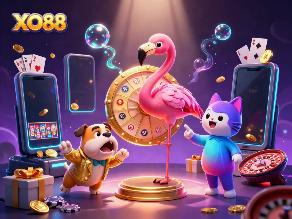 Engage with XO88's exciting rewards as a flamingo host spins the prize wheel amid casino delights.