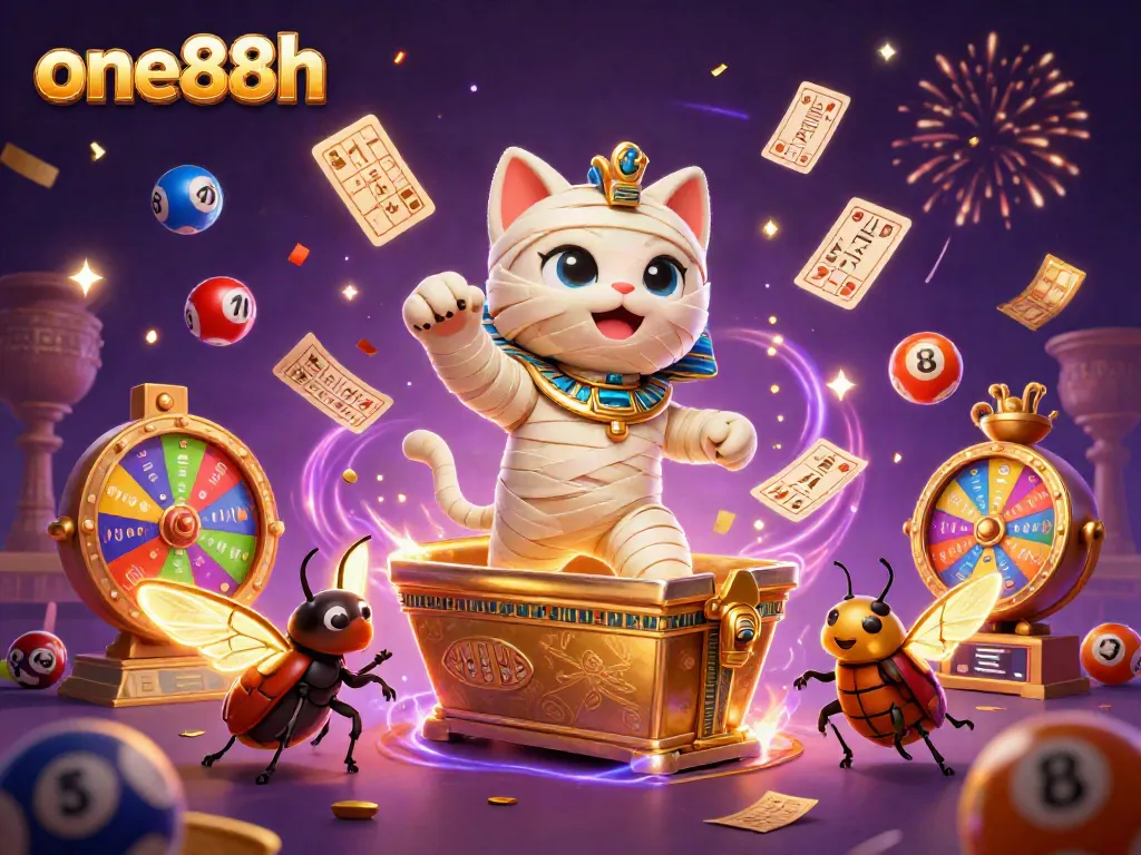 Experience thrilling moments with one88h as the Egyptian mummy cat and scarab beetle celebrate in a vibrant casino.