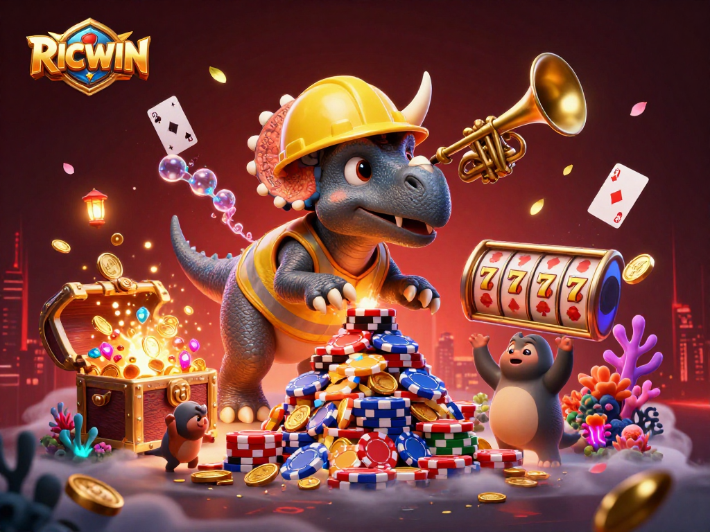 RICWIN showcases an engaging scene with dinosaur characters and casino elements, enhancing gaming excitement.