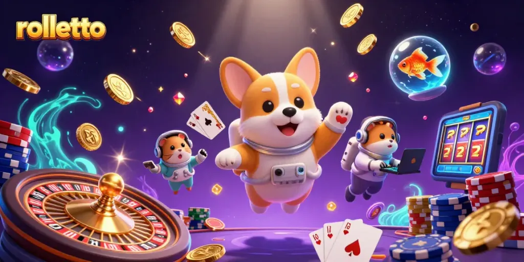Experience exciting gameplay at Rolletto Casino with an astronaut corgi and vibrant casino elements.