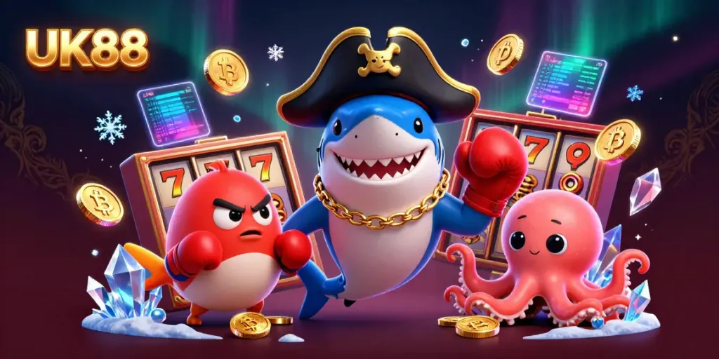 Experience the thrill at UK88 with exciting casino games and vibrant characters in a dynamic scene.