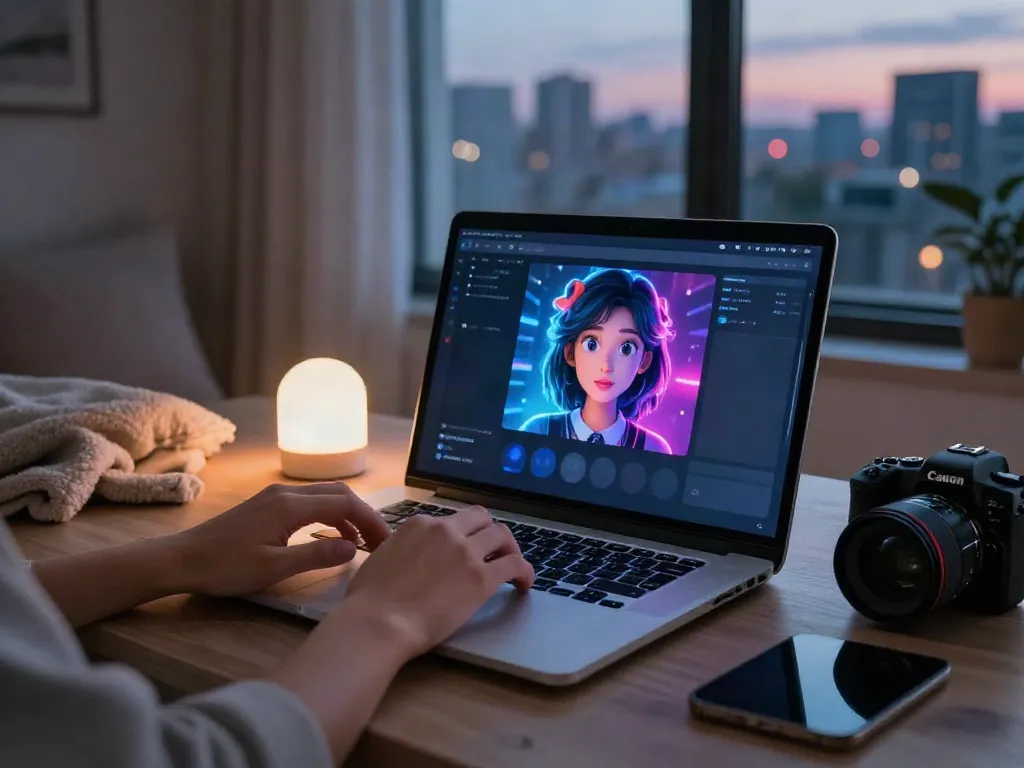 AI chat porn interface with animated character on a modern laptop in cozy setting