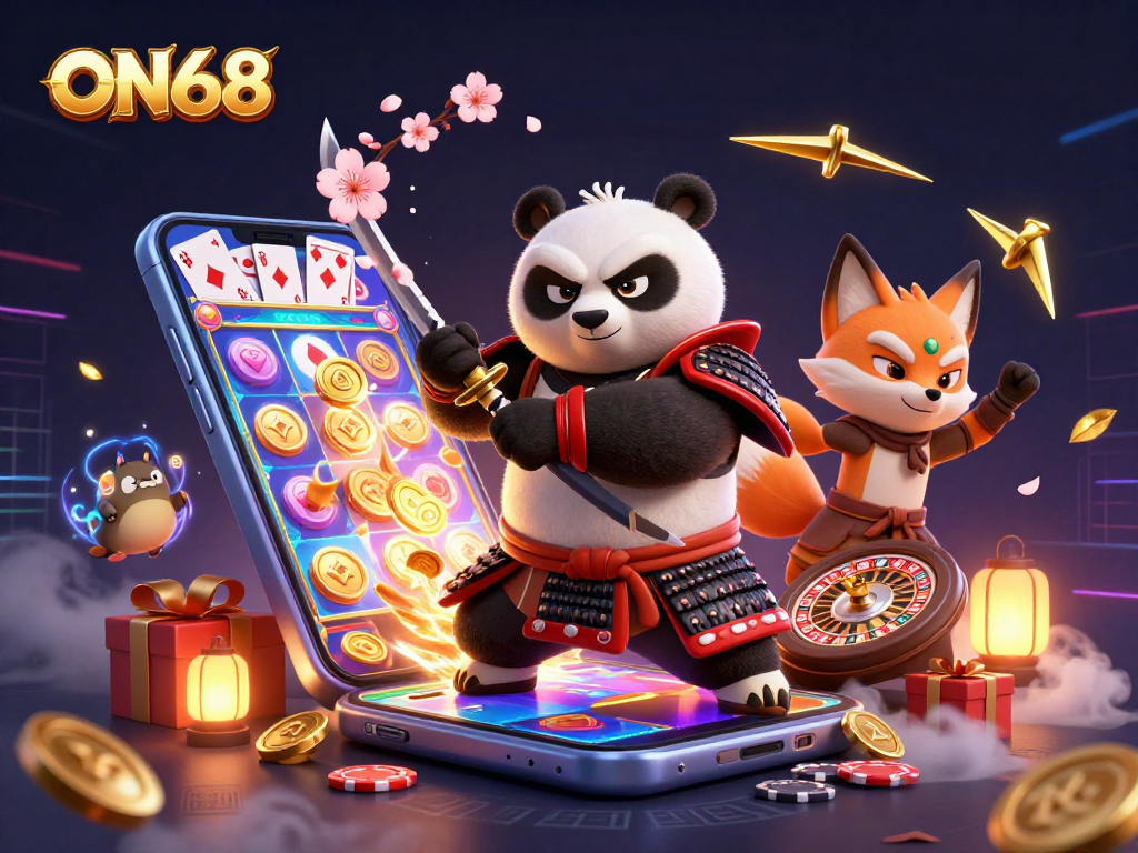 Engage with ON68's thrilling experience featuring a samurai panda and ninja fox in a dynamic gaming scene.