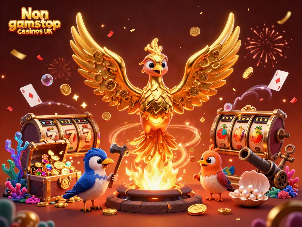 Engage with vibrant Non gamstop casinos UK scene featuring a golden phoenix and casino symbols.