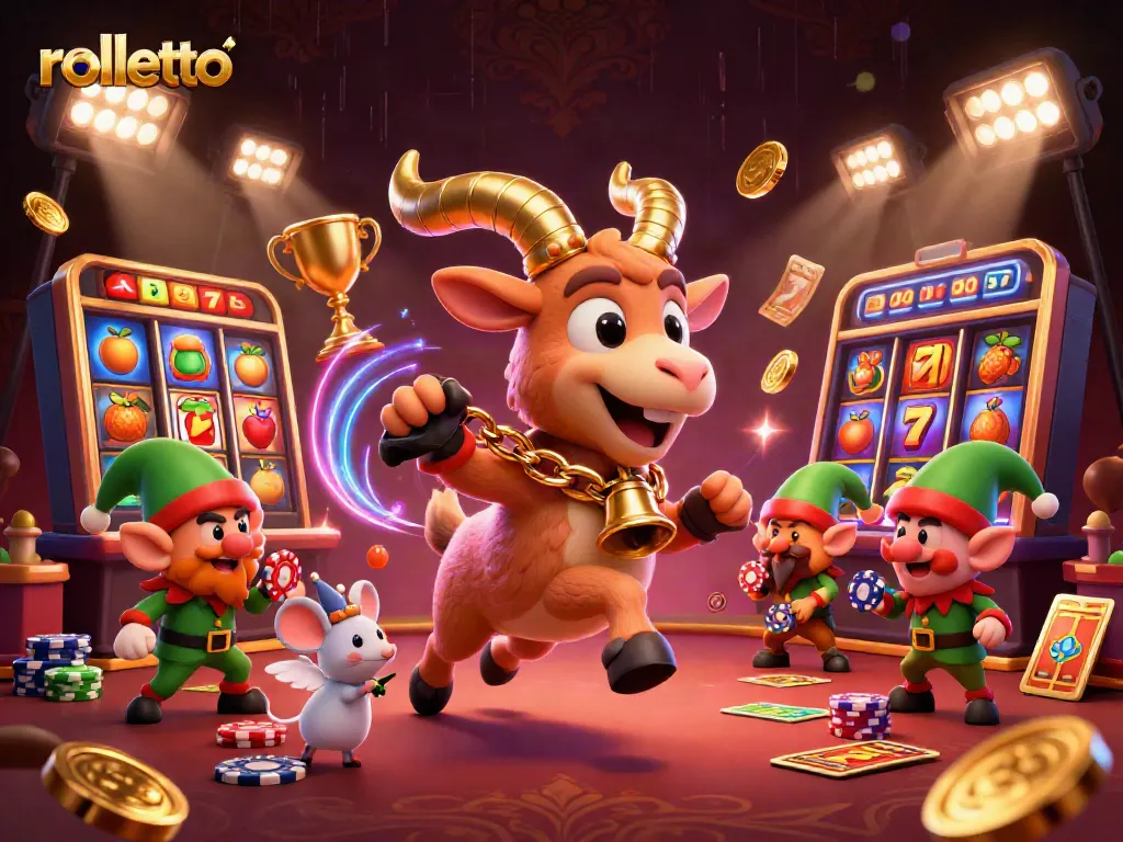 Engage with Rolletto Casino's exciting 3D environment featuring vibrant slot machines and dramatic holiday elements.
