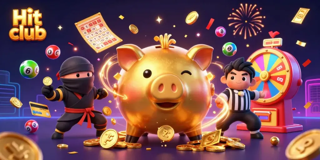 Engaging Hit club casino scene featuring a golden piggy bank, ninja wallet, and samurai referee surrounded by game elements.
