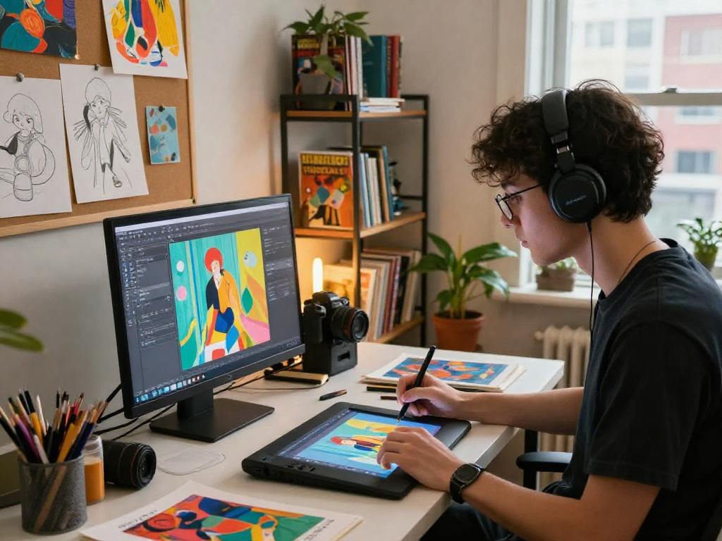 NSFW digital artist at work in a vibrant studio, showcasing art supplies and a city view.