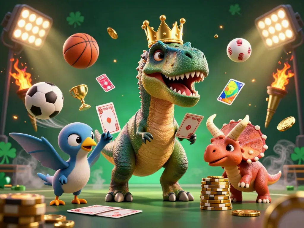 Watch the b52clubz T-Rex shuffle cards with help as sports balls fly around in this dynamic casino scene.