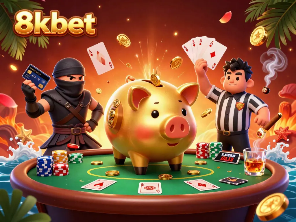Engage with 8xbet’s vibrant gaming scene featuring a golden piggy bank sumo wrestler amidst dynamic casino elements.