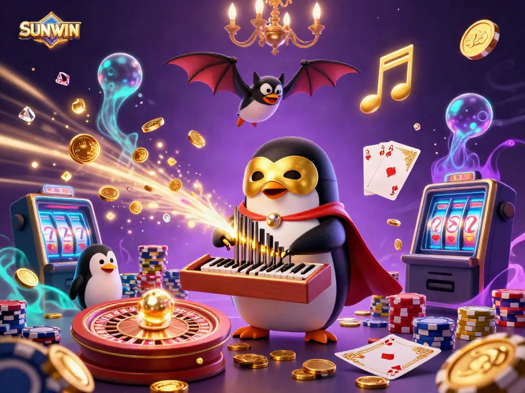 Experience the thrill of SUNWIN as a penguin plays a pipe organ, shooting golden coins in a lively casino scene.