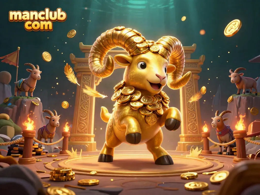 Experience thrilling action at manclub com with our dynamic gaming scene featuring a golden ram charging through a casino.