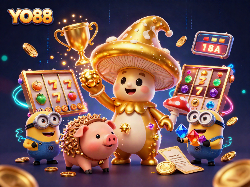 Experience thrill with YO88 in this vibrant, dynamic casino scene filled with gold and magic.