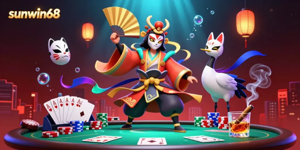 Experience the vibrant gambling action at sunwin68 with a kabuki warrior and poker elements.